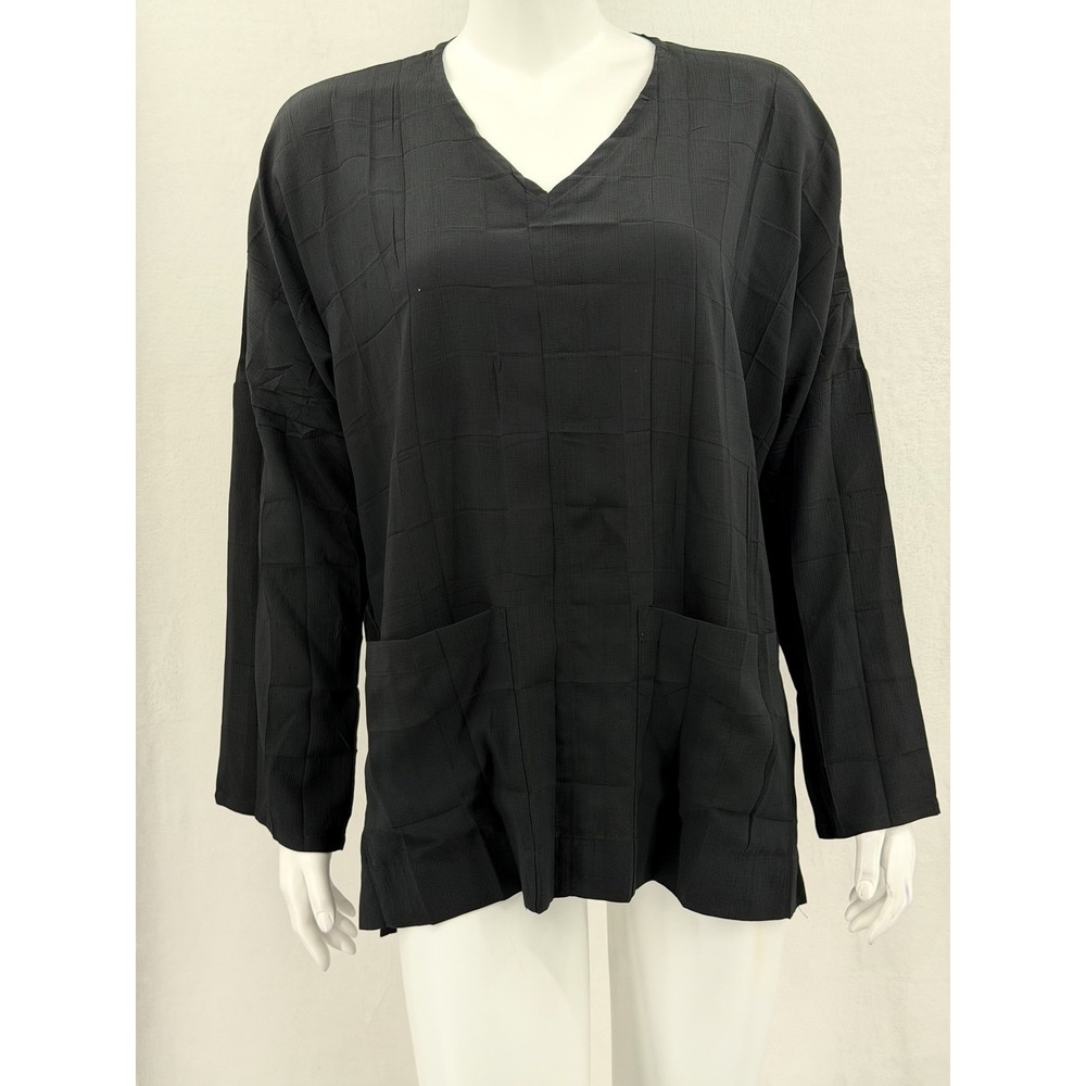 Babette Top Womens Small Black V-Neck Oversized Lagenlook Tunic Pockets Relaxed